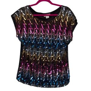 Vintage 80s Joseph ll Rainbow Sequin Embellished Metallic Short Sleeve Blouse M